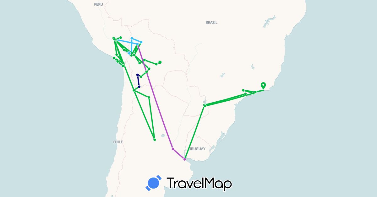 TravelMap itinerary: driving, bus, plane, train, boat in Argentina, Bolivia, Brazil, Chile, Peru (South America)