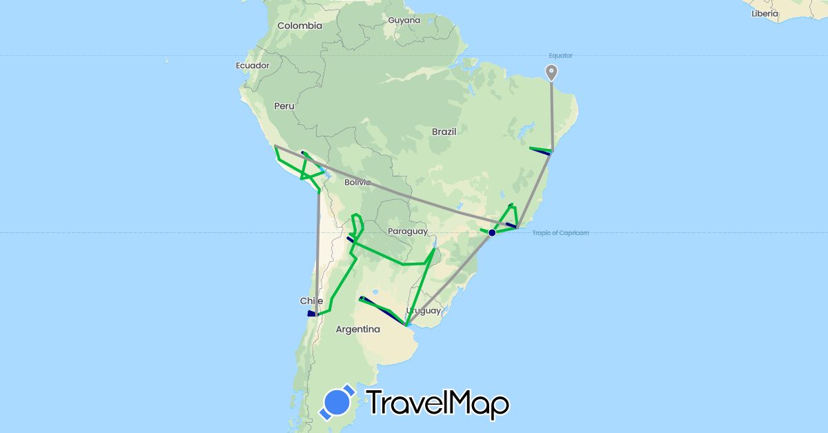 TravelMap itinerary: driving, bus, plane, train, hiking, boat, hitchhiking in Argentina, Bolivia, Brazil, Chile, Peru, Uruguay (South America)